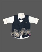 Toddler boy asymmetric embroidered waistcoat set with full-sleeve shirt, bow tie, and trousers.