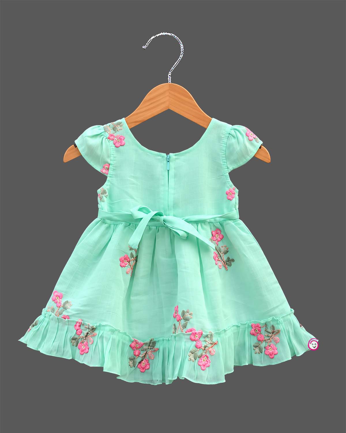 Infants frock with floral embroidery bow detail for casual wear