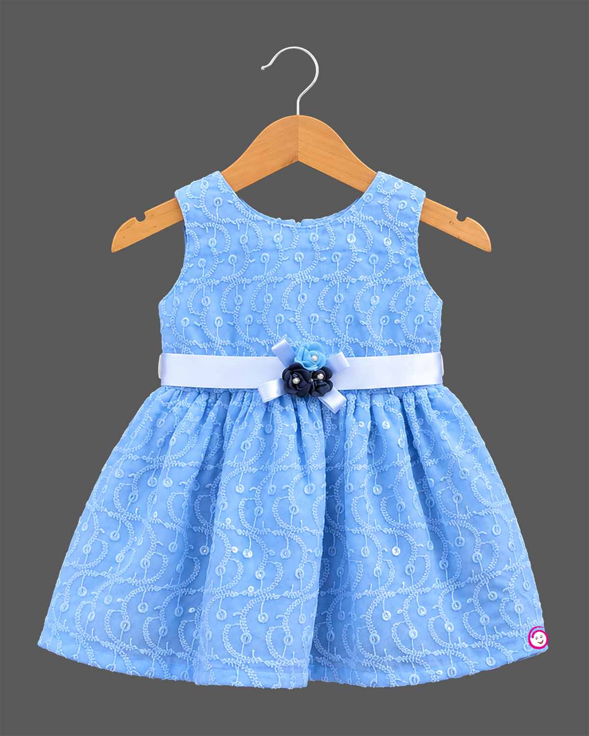 Baby girl embroidered  frock with satin sash and floral applique for birthday party
