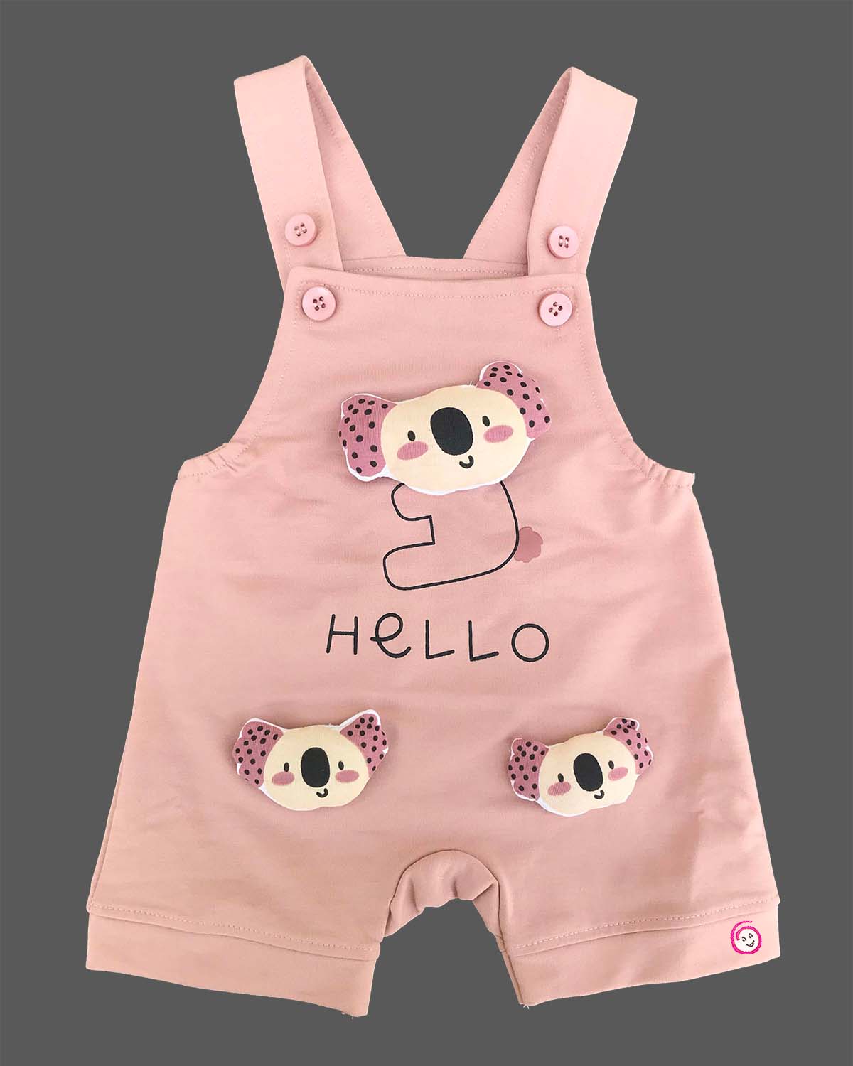Playful young prince koala head printed short sleeve t-shirt with 3D animal applique bib shorts