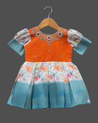 Girls Aari design traditional frock with puff sleeve - Orange