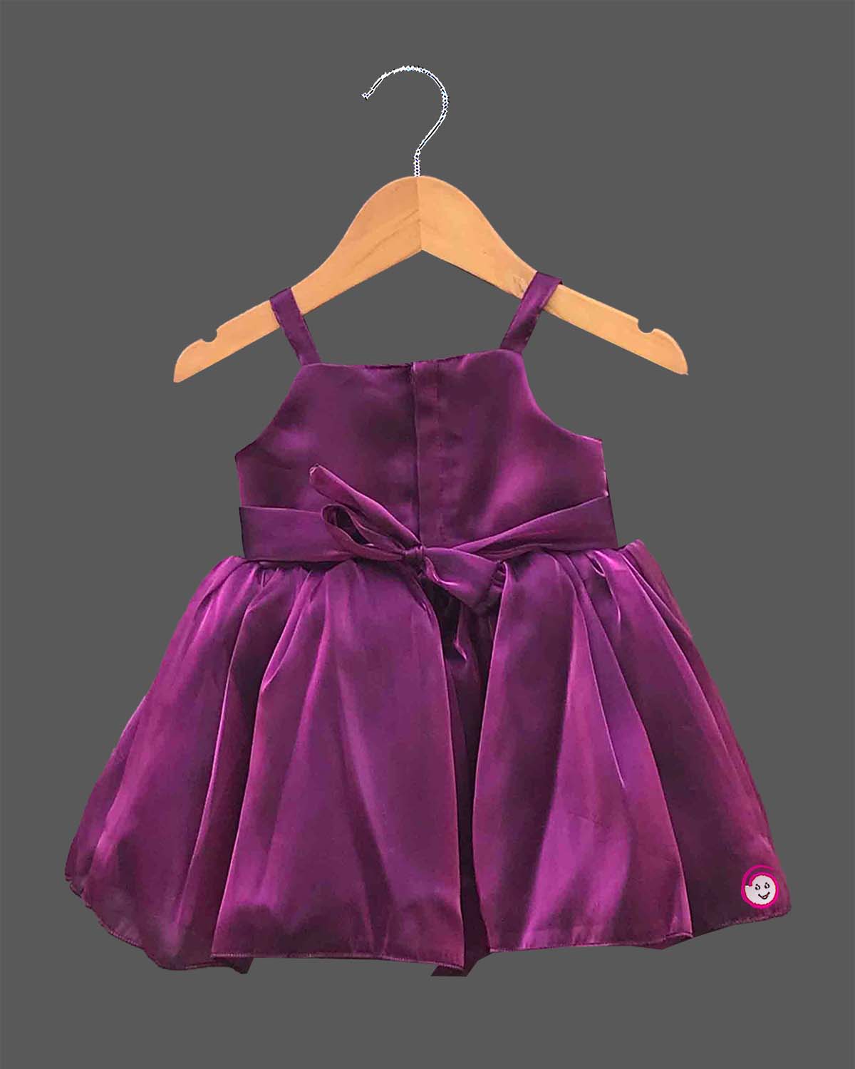 Infant satin floral party frock with matching bow headband and soft booties set
