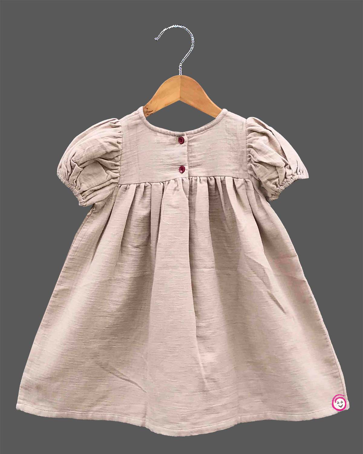 Infant cotton casual frock with chest embroidery and puff sleeves