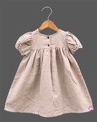 Infant cotton casual frock with chest embroidery and puff sleeves