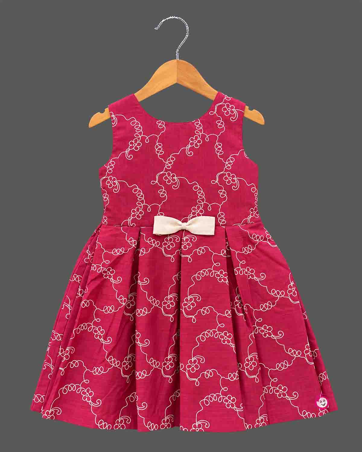Girls magenta pink embroidered casual frock with beige jacket for birthday party