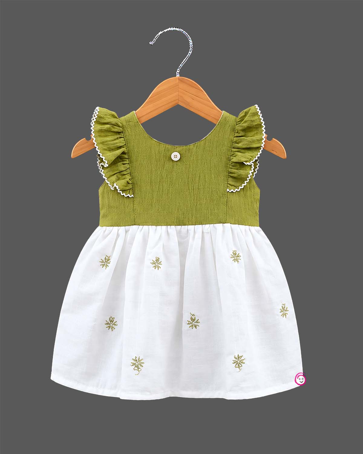 Toddler frill linen frock with embroidery details for casual playdates