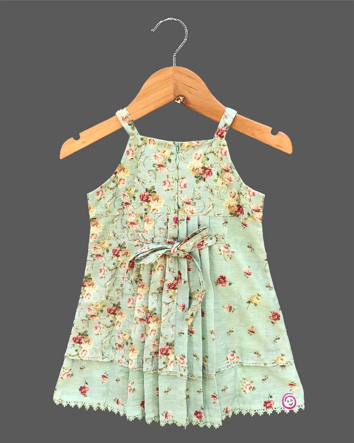 Infant floral cotton frock with pleated layered hem and ruffle trim for birthday party and summer outing