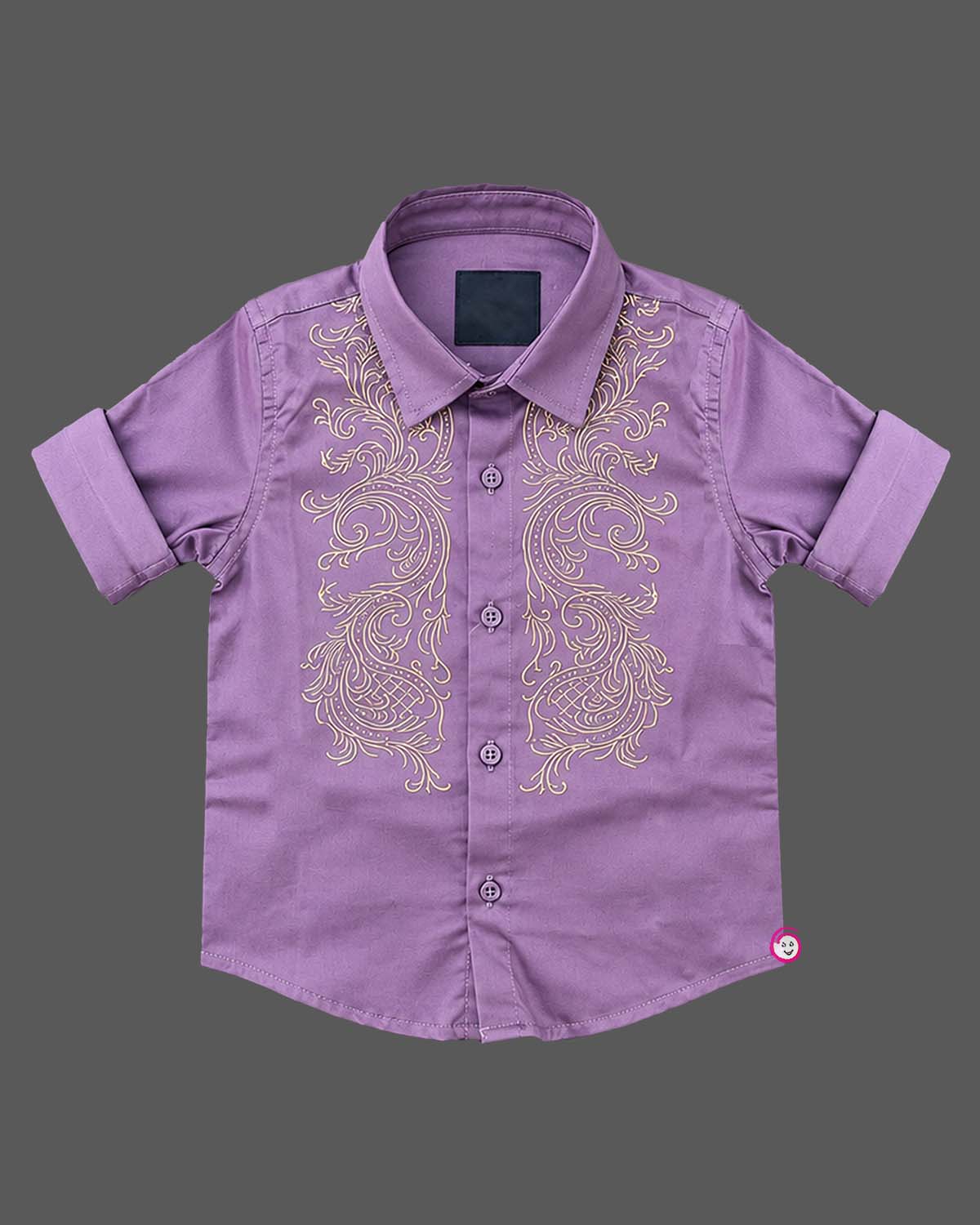 Embroidered indo western dress for boys featuring collar detail and roll-up sleeves