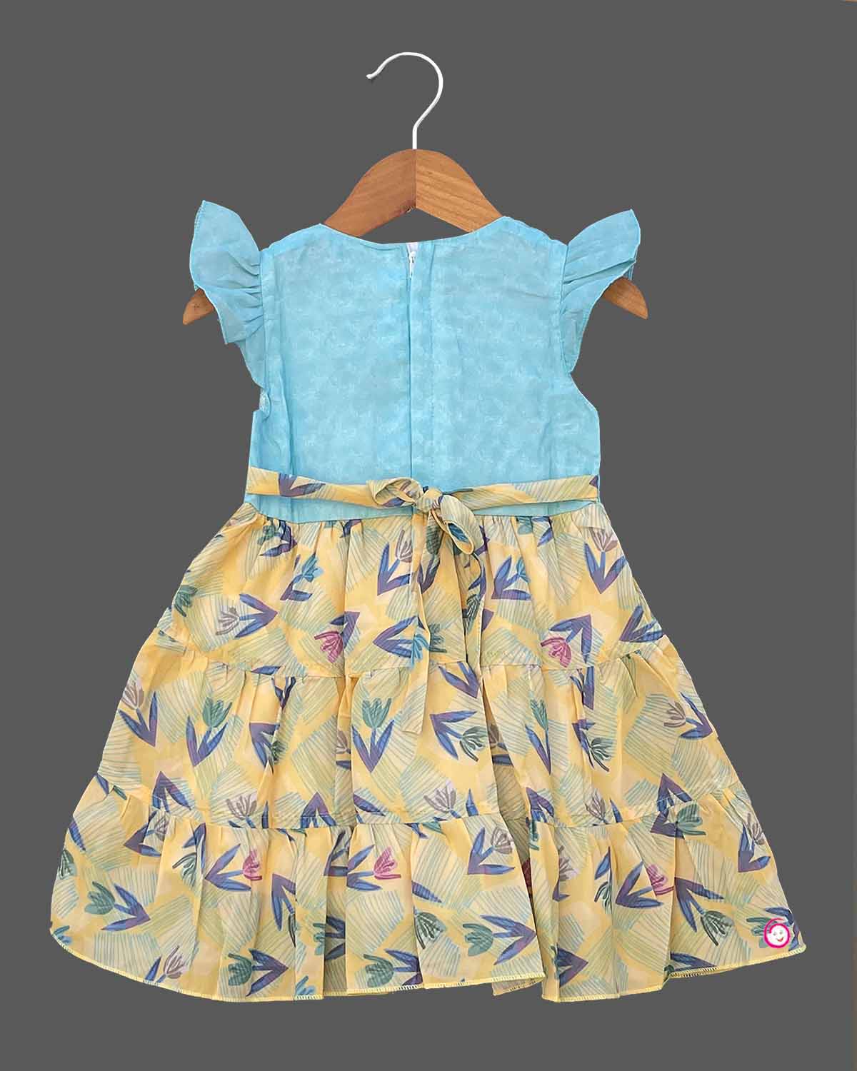 Girls leaf design printed casual frock - Blue