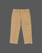 Pinstriped short-sleeve shirt and cargo trousers set designed as party wear for boys with embroidered pocket detail.