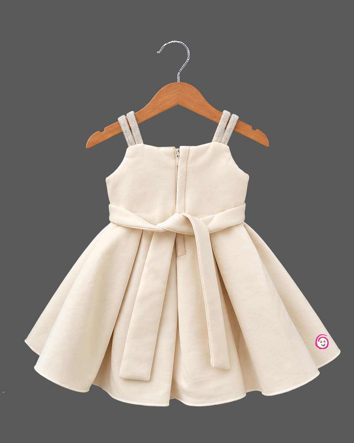 Silk frocks for baby girl featuring structured box pleats and dimensional fabric rosettes on straps