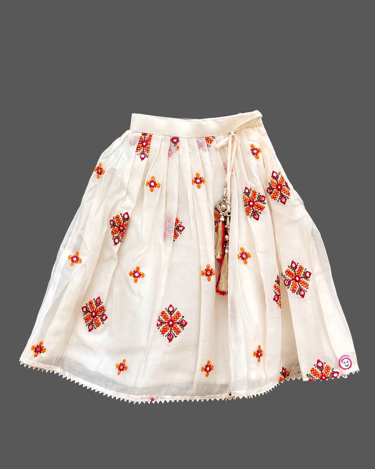 Girls patola print sleeveless choli with pleated mirror work skirt, lehenga choli for kids