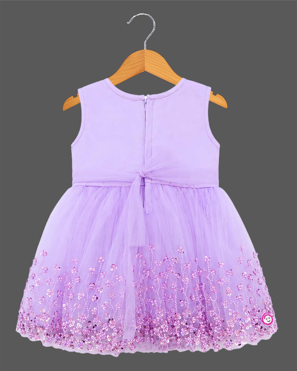 Baby girl sequin embellished party wear net frock with bow appliqué