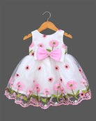 Toddler sleeveless floral embroidered tulle frock featuring a large front waist bow and flared mesh skirt overlay.