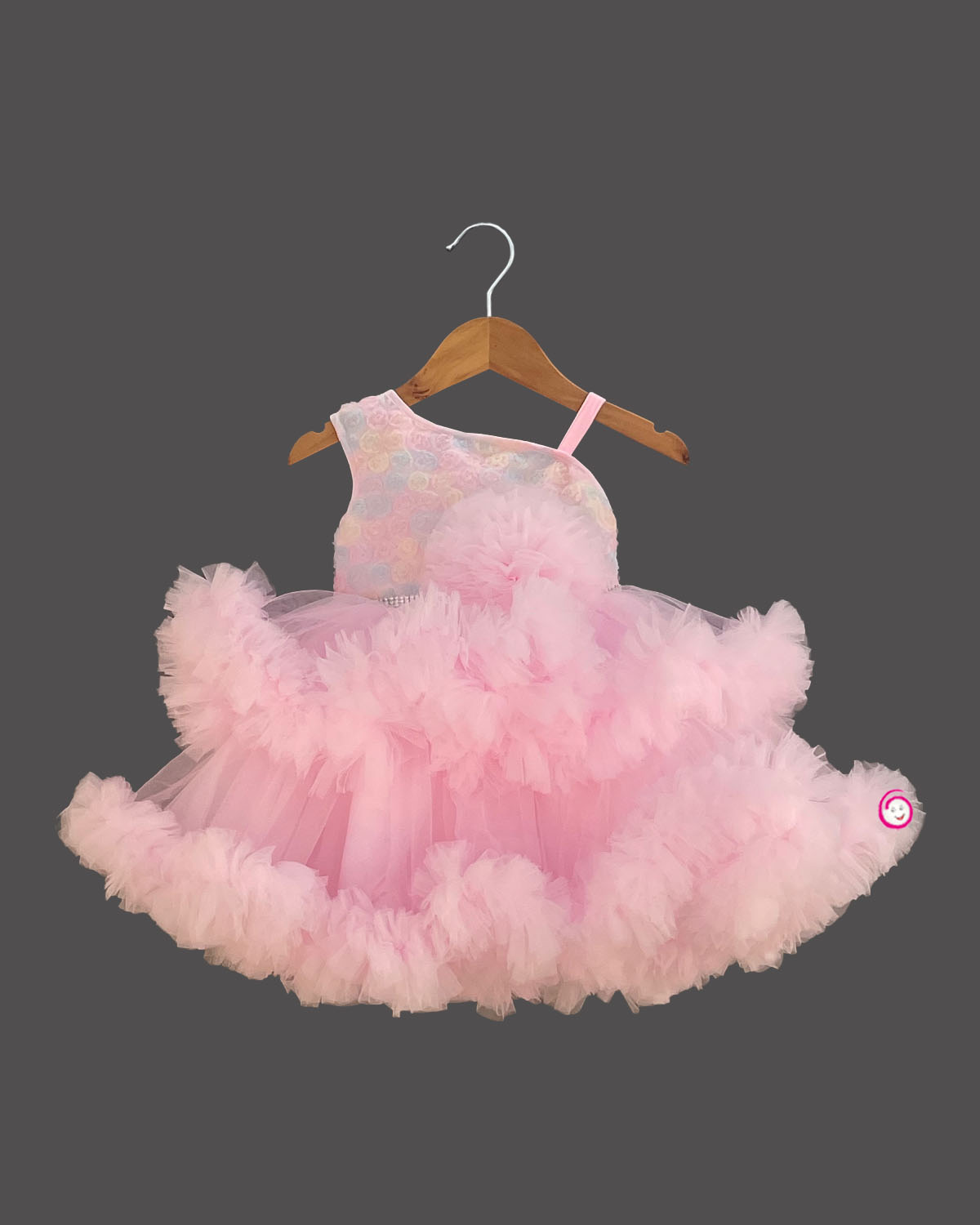 Girls applique ruffled elegant frock - Baby Pink