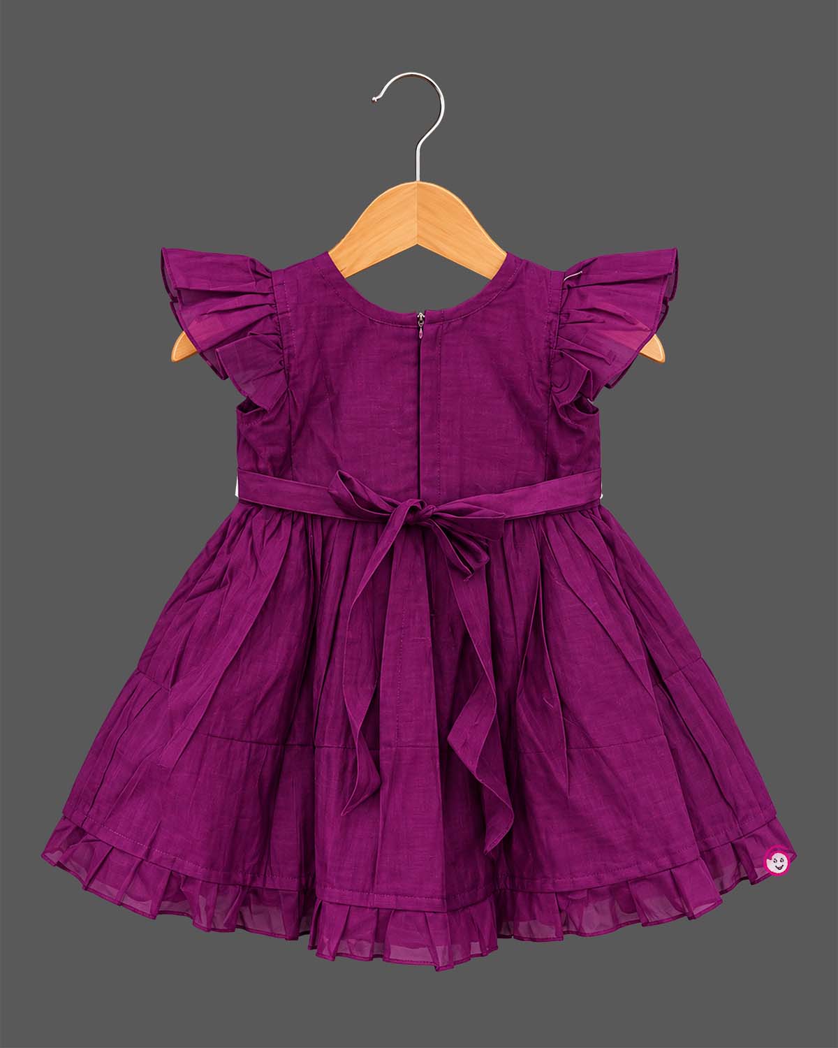 Silk frocks for baby girl with bird embroidery, frill  sleeve, and ruffled hem line.