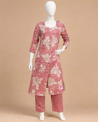 Maternity floral printed cotton feeding kurta set paired with printed straight pants