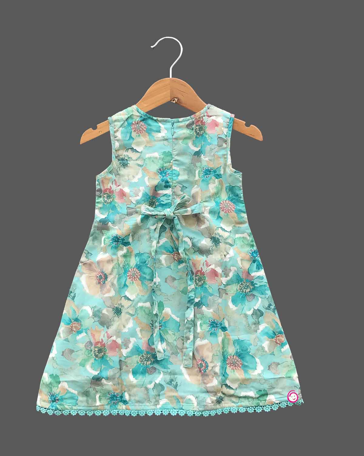 Girls sleeveless flower printed casual frock - Sea Green