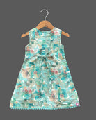 Girls sleeveless flower printed casual frock - Sea Green