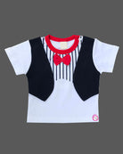 Dapper young prince tuxedo printed top and shorts set with bow detail for kids casual wear 