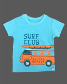 Sky blue graphic t-shirt with Surf Club print and blue denim elasticated shorts baby boy top and shorts set for summer vacations, playdates, and park outings