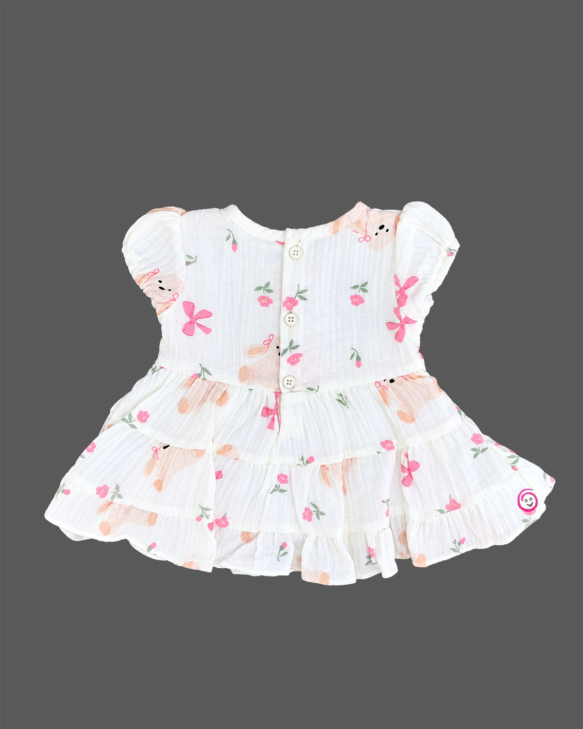 Infants frock with cute bunny print, waist bow, and ruffled skirt for baby girls