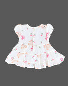 Infants frock with cute bunny print, waist bow, and ruffled skirt for baby girls