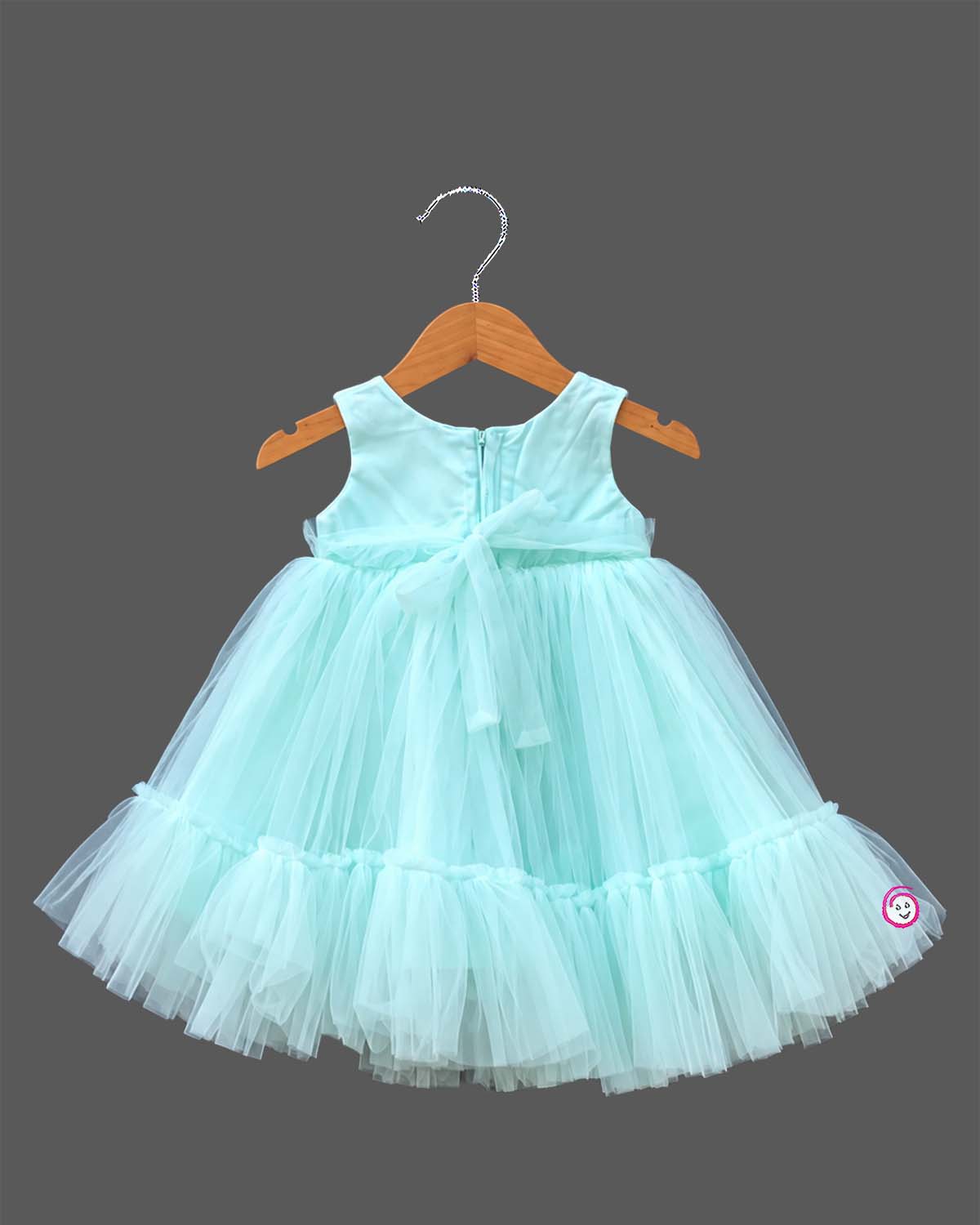 Turquoise Blue Toddler Net Frock with Sequins and Floral Embellishments for Parties and Birthdays