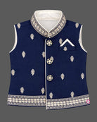 Baby Boy Ethnic Wear set with contrast panel dhoti, sleeveless embroidered and collar