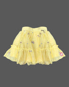 Girls blue denim strappy top with ruffle flower and yellow net embroidered skirt set