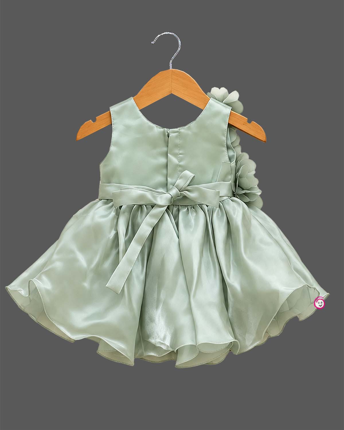 Layered organza silk frocks for baby girl featuring 3D floral bodice corsage and pleated satin bodice.