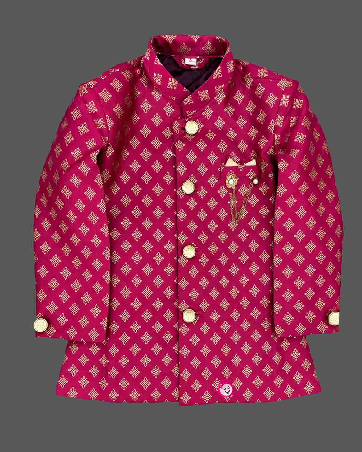 Boys brocade jacquard kids dhoti kurta featuring structured mandarin collar, metallic buttons, and draped pleated pants.