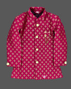 Boys brocade jacquard kids dhoti kurta featuring structured mandarin collar, metallic buttons, and draped pleated pants.