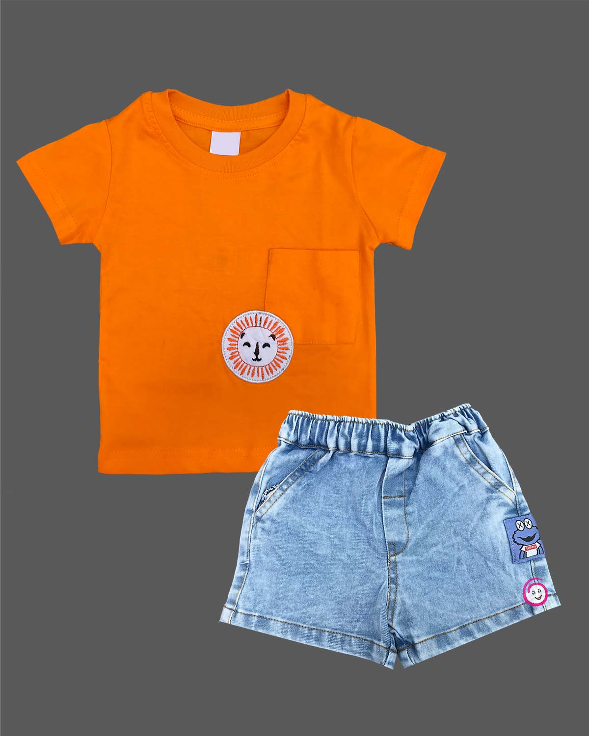 Boys casual short sleeve knitted t-shirt with chest pocket lion graphic paired with elastic waist denim shorts set