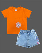 Boys casual short sleeve knitted t-shirt with chest pocket lion graphic paired with elastic waist denim shorts set