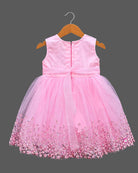 Girls sleeveless tulle party frock with sequined bodice embroidery, pearl flower applique bow, and flared net skirt