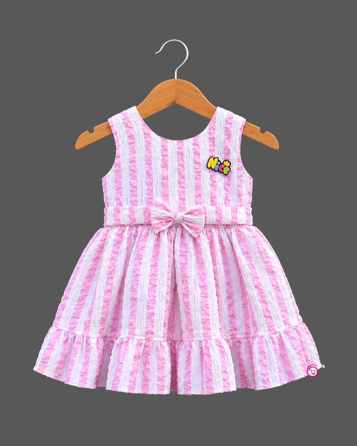 Baby girl seersucker stripe frock with bow detail for party wear and celebrations