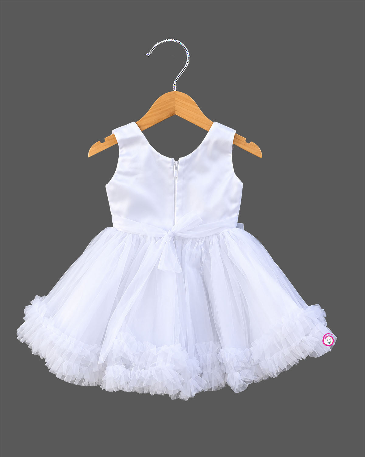 Girls tulle tiered fit and flare frock with floral applique waist belt and ruffle hem