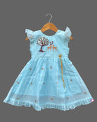 Girls deer embroidery with frill sleeve traditional frock - Sky Blue