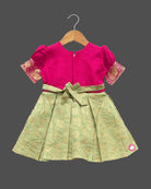 Girls aari with applique frock with puff sleeve - Dark Pink