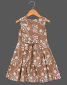 Little girl brown embroidered cotton frock with off-white lace shrug jacket for casual wear and parties