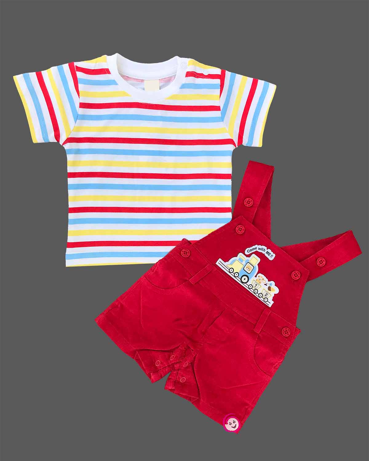 Trendy young prince multi striped tee with embroidered train bib shorts for casual outings