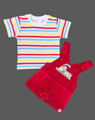 Trendy young prince multi striped tee with embroidered train bib shorts for casual outings