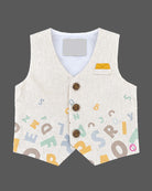 Baby boy letter print waistcoat set featuring bow tie, shirt, and pant for celebration wear.