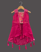 Girls Embroidered Crop Top With Oval Coat And Skirt - Dark Pink