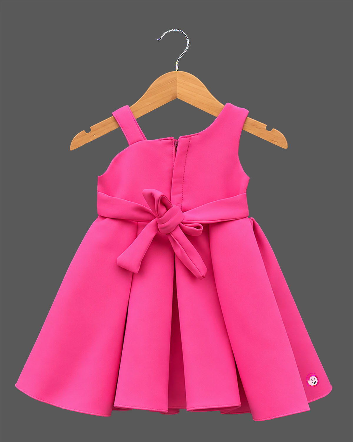Girls floral applique box pleated party frock with asymmetrical shoulder strap and flared skirt