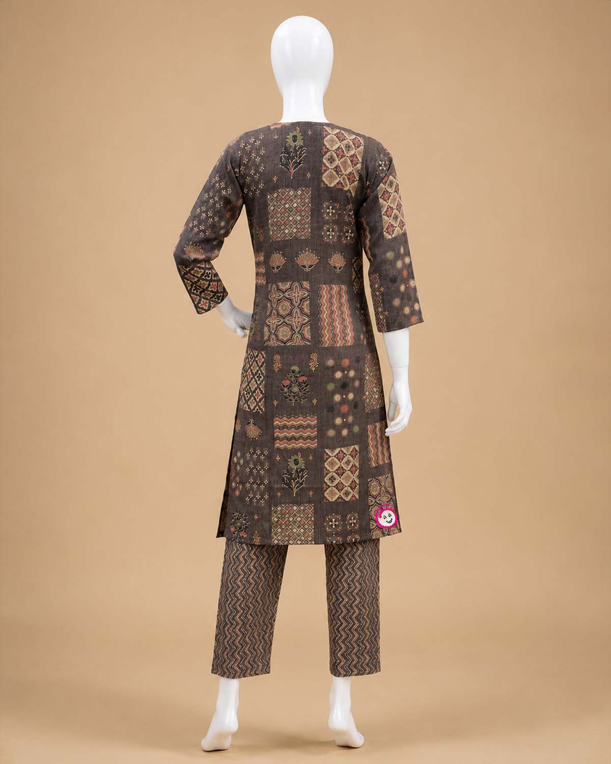 Maternity block printed cotton feeding tunic set paired with matching straight pants