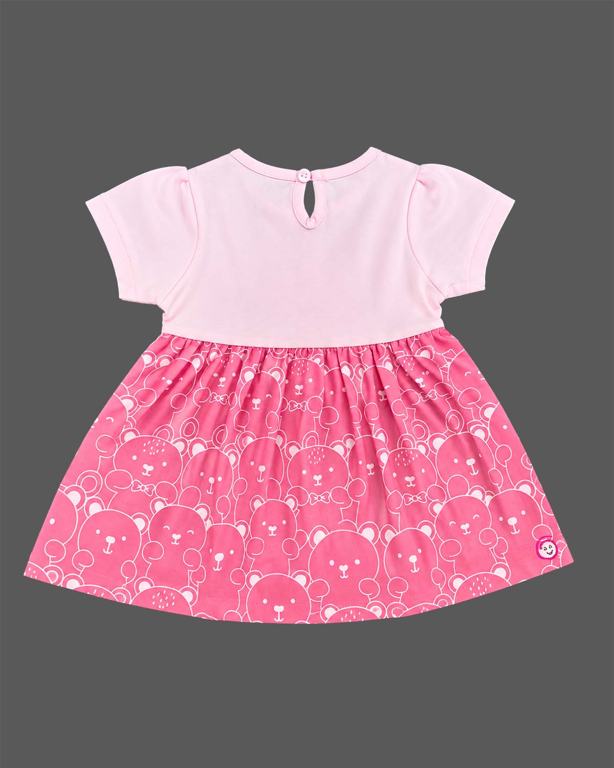 Pink baby girl cute teddy printed infants frock with bow detail