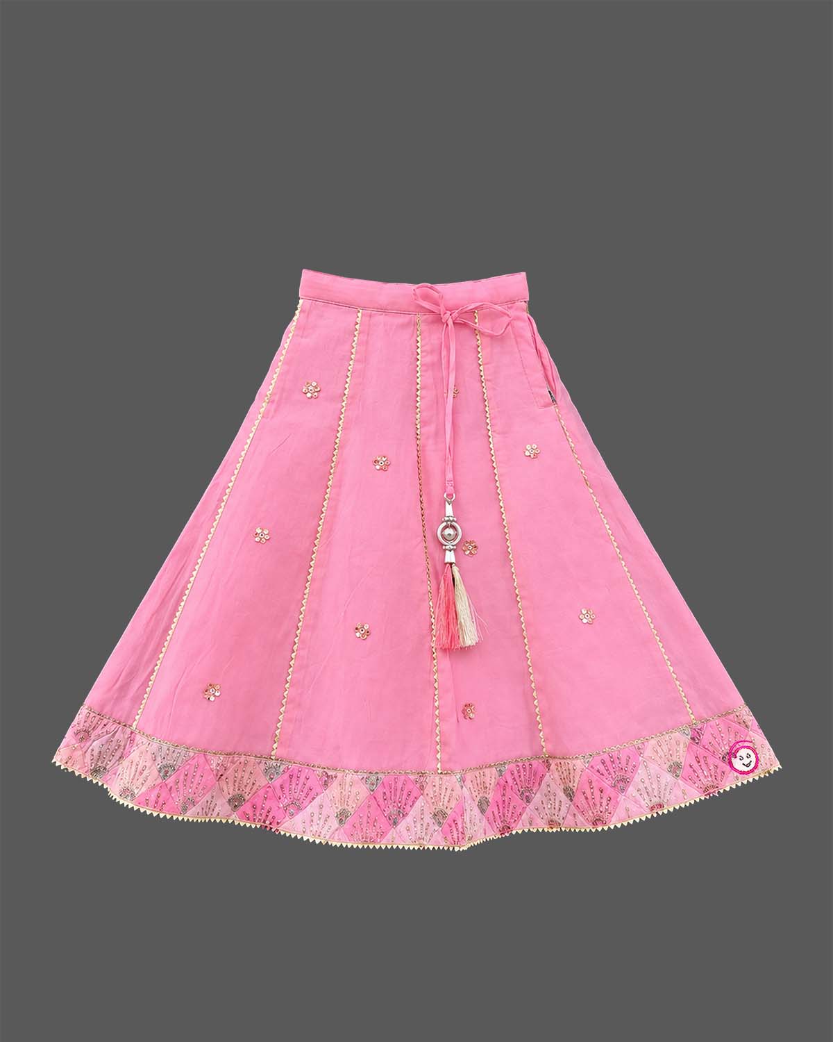 Toddler girls embroidered choli lehenga set with tassel drawstring and flared hem border.
