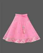 Toddler girls embroidered choli lehenga set with tassel drawstring and flared hem border.